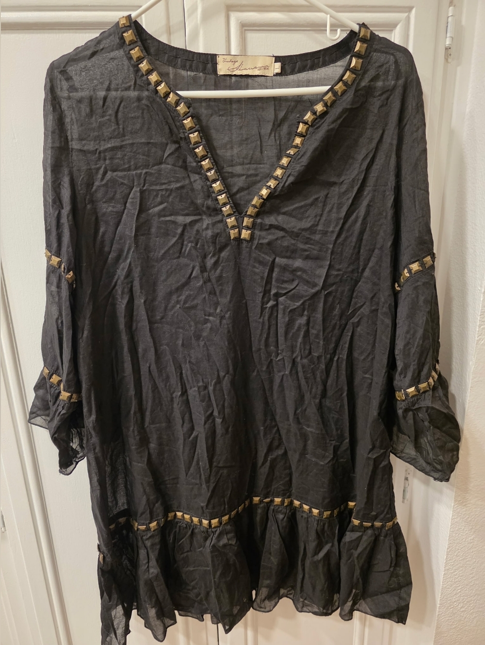 Vintage Havana Black Tunic with Gold Stud Accents ~ Size Large